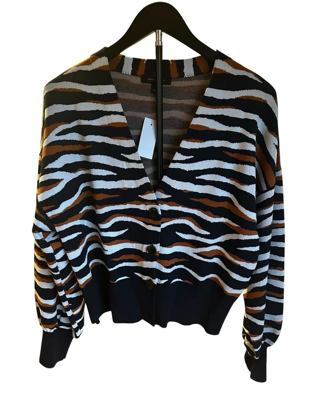 Ann Taylor Navy White Brown Zebra-Print Cropped Cardigan - Picture 2 of 7
